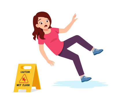 Young woman with a startled expression falling on a wet floor near a caution sign in a cartoon illustration
