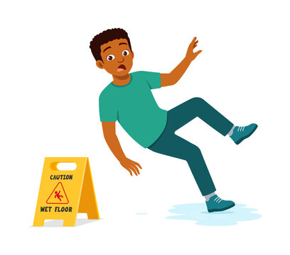 Shocked Black man falling on a wet floor next to a caution sign an accident illustration
