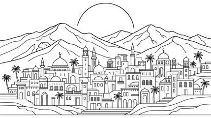 Middle eastern city scape with mountains and sun for travel or cultural themes. © SHUVO