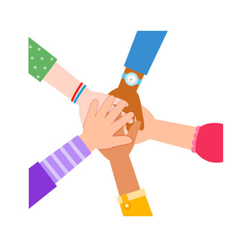 Diverse hands stack in a joyful cooperative gesture symbolizing friendship and teamwork on a white background