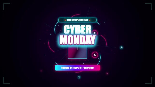 Cyber Monday Sale Motion Graphic with Neon Glow Gift Box Animation