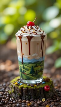 coffee latte with landscape art glass and whipped cream topped with cherry