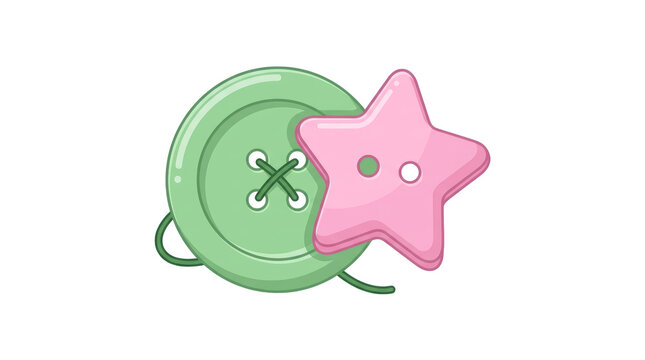 Green circle button and pink star shaped button set on png background