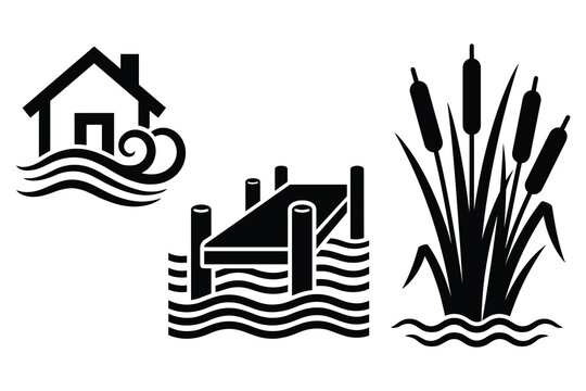 Set of black silhouette icons depicting a house by water a wooden dock reeds with lake cabin river pier water landscape nature icon cattail plant outdoor scenery waterfront view silhouette