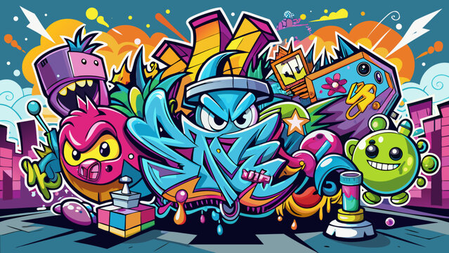 Vibrant urban graffiti wall art illustration featuring colorful cartoon monster characters and stylized street lettering in a playful pop art style.