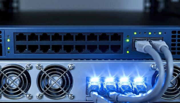 Server hardware with network cables and glowing lights in data center technology