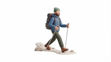 Fototapeta premium 3D Male Hiker Character with Backpack and Trekking Poles Walking on Trail Isolated on White