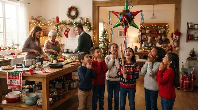 A family gathers around a festively decorated kitchen island, eagerly awaiting the reveal of a Christmas pi&ntilde;ata.