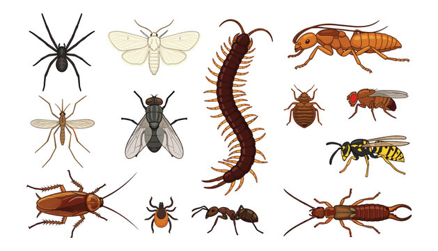 Insect and pest vector collection containing cockroach spider centipede mosquito wasp housefly moth ant and earwig isolated on white background