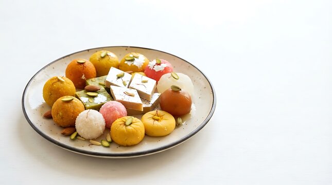 A plate of assorted Indian sweets garnished with pistachios on a white background