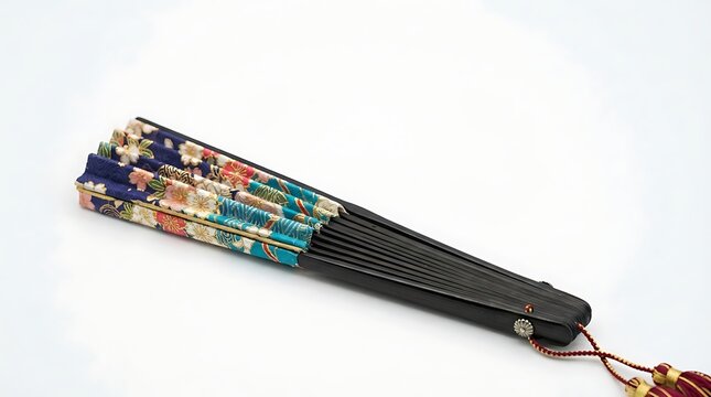 A beautifully crafted traditional Japanese fan with intricate designs and colorful patterns.
