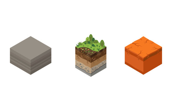Isometric Soil Layer Diagrams Representing Different Geological Compositions and Land Terrain Types