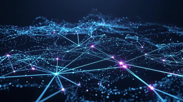 Futuristic Technology Background with Glowing Blue Data Network, Digital Connection Lines and Purple Light Points Creating Global Communication Landscape for Innovation and Advanced Connectivity