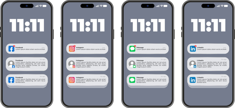 Smartphones showing Facebook, Instagram, iMessage, and LinkedIn notifications, mobile app alerts, social media mockups