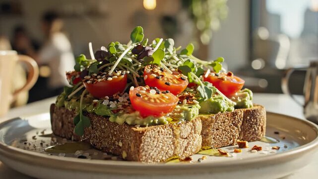 Healthy breakfast of smashed avocado toast on whole grain bread topped with cherry tomatoes, microgreens, sesame seeds, and chili flakes served on a plate in a bright cafe setting.