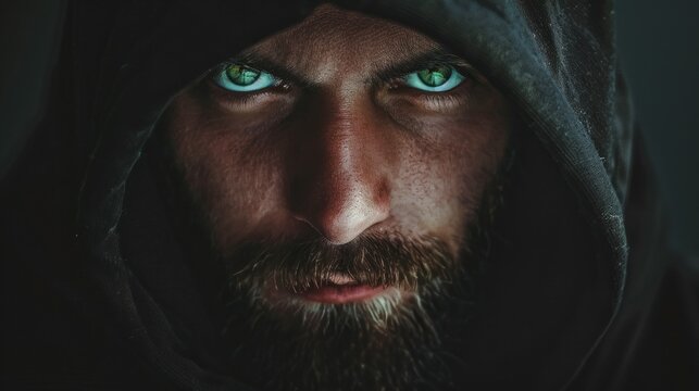 Man with glowing green eyes in a hooded cloak