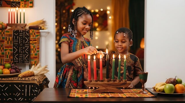 Two young girls celebrating Kwanzaa with traditional African decorations and candles