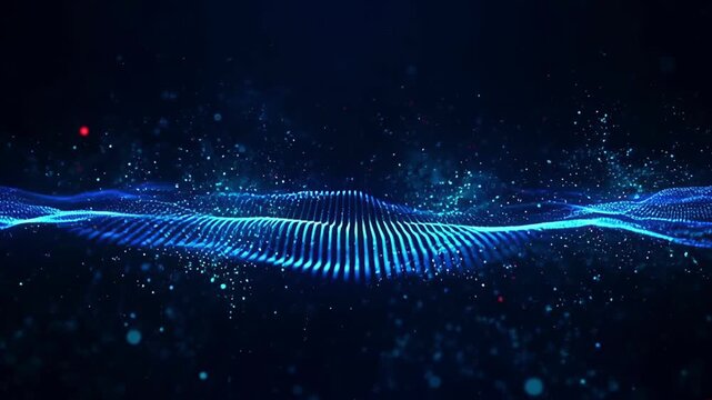 Futuristic Technology Background with Glowing Blue Digital Wave, Abstract Particle Network and Luminous Data Points Creating Immersive Horizon for Innovation Communication Design Concepts