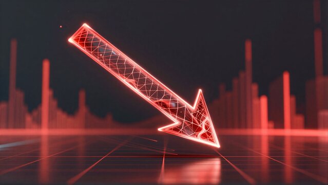 Red glowing arrow points down against stock chart, symbolizing market decline.