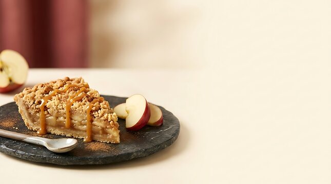 Caramel apple pie slice rests on a dark slate plate accompanied by fresh red apple slices and a vintage dessert spoon on a bright tabletop with copy space.