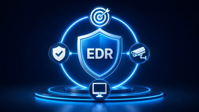 Advanced Endpoint Detection and Response EDR Shield Concept on Glowing Pedestal with Cyber Security Icons for Threat Prevention