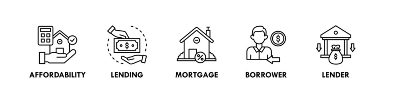Loan and Financing banner web icon illustration concept with icon of affordability, lending, mortgage, borrower, and lender