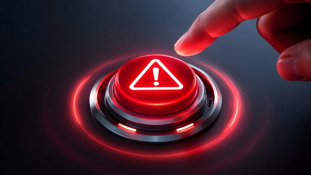 Human finger pressing glowing red warning push button, emergency stop and system failure alert concept