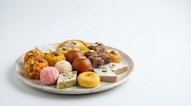 A plate of assorted traditional Indian sweets on a white background