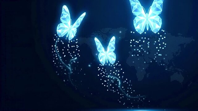 3D Glowing Blue Polygonal Butterflies Flying Over Digital World Map Background