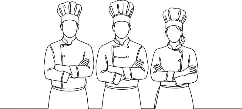 Line art illustration of three chefs standing side by side with crossed arms.