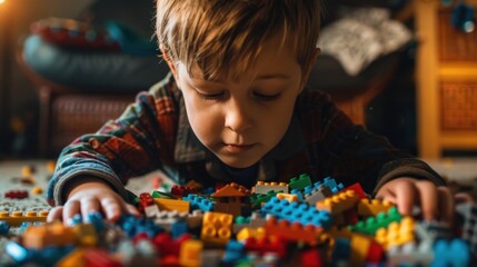 Fototapeta premium Young boy playing with colorful building blocks indoors