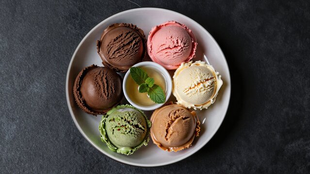 Five colorful ice cream scoops with mint syrup on a white plate.