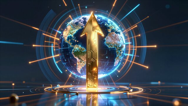 Futuristic globe with glowing arrow, digital circuits, and radiant light beams.