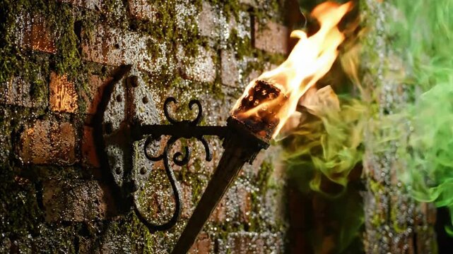 Medieval wall torch burning with mystical green smoke