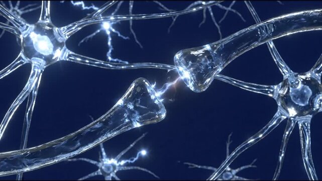 Medical visualization of neural networks and synapses with electrical impulses firing between nerve cells in a blue 3D environment