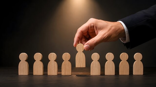 Hand selecting one wooden figure from a line of figures