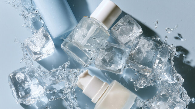 Fresh skincare products surrounded by ice cubes and water splashes, icy blue palette , cosmetic for face, hand cream, losion for hair, photo style