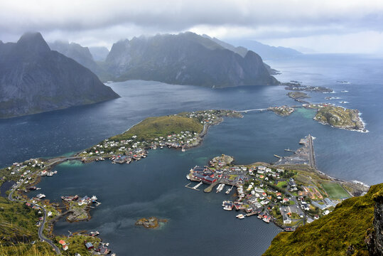 Panoramic view of Reine from Reinebringen. Lofoten Islands. Norway.