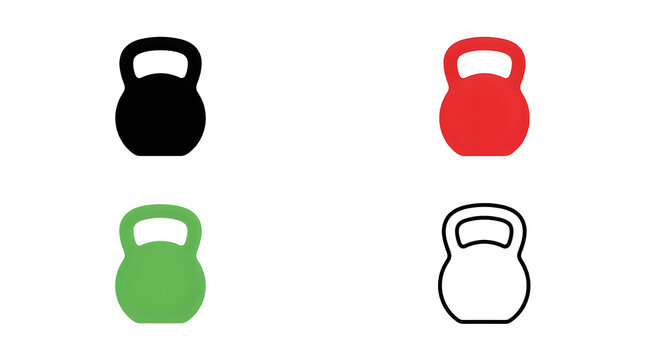 Four colored kettlebells in a row