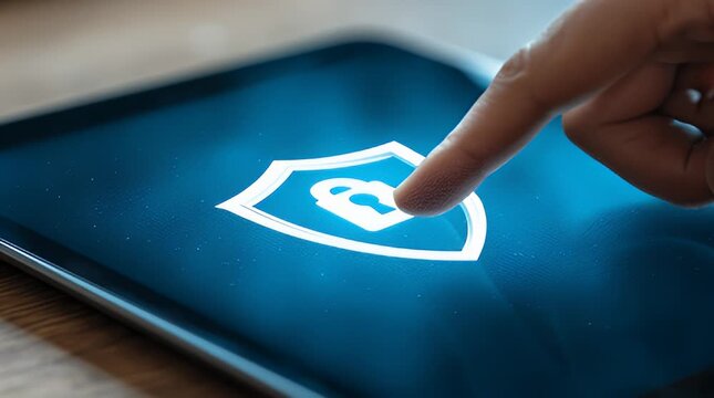 Secure digital connection A hand taps a shield icon on a tablet screen symbolizing online security data protection cybersecurity and trust in modern technology