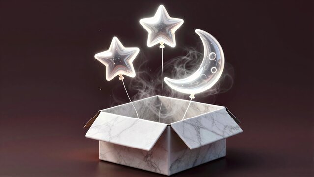 Marble box opens to reveal glowing stars and crescent moons floating upward.
