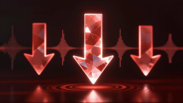Red glowing arrows descend against audio waveforms, symbolizing sound transmission.