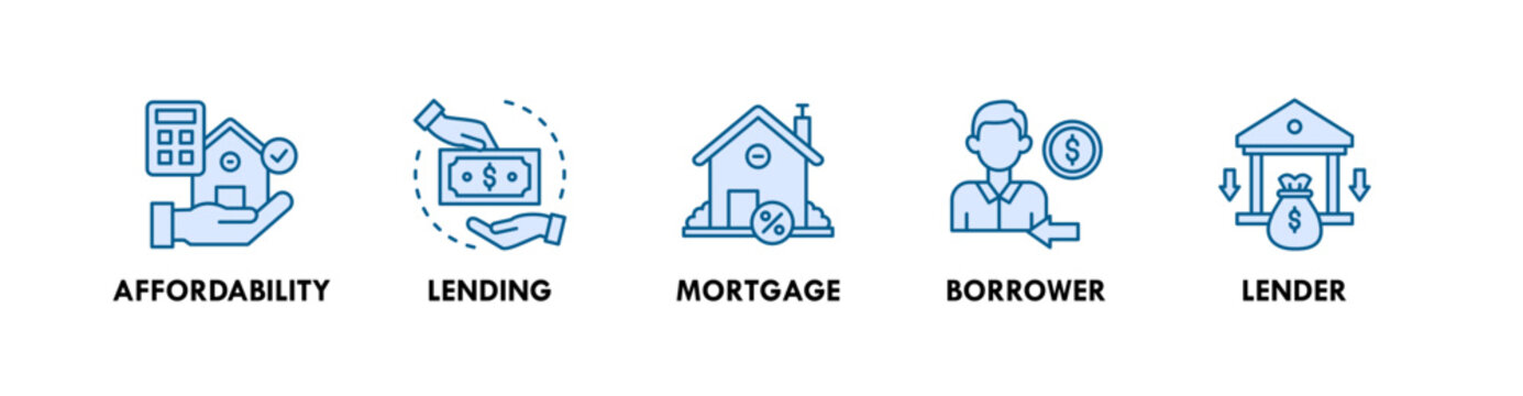 Loan and Financing banner web icon illustration concept with icon of affordability, lending, mortgage, borrower, and lender