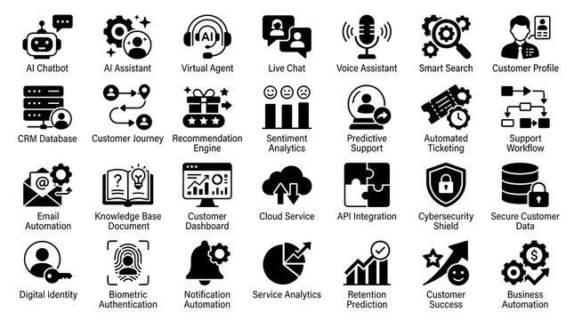 Business automation icon set displays customer relationship management and artificial intelligence concepts.