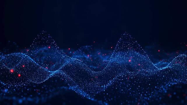 Futuristic technology background with blue particle wave, red light, digital energy, abstract cyber landscape, glowing mountains, innovation, data visualization, depth, motion, mysterious atmosphere