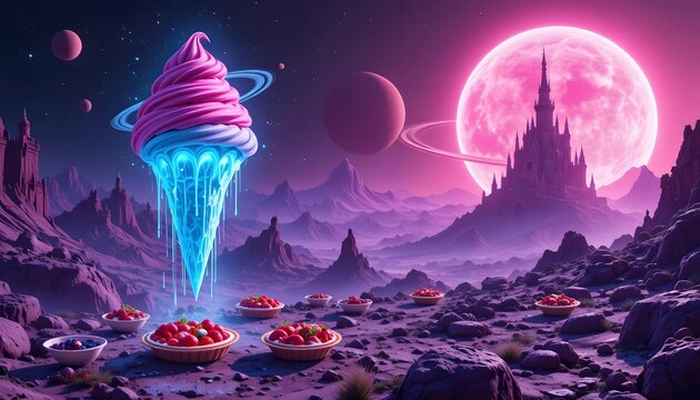 glowing neon ice cream floating in purple alien planet landscape