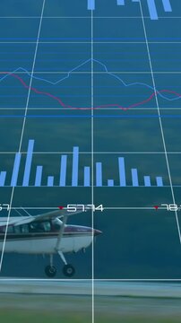 Animation of infographic interface over airplane landing on runway