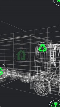 Animation of 3d truck and multiple icons in circles over grid moving on black background