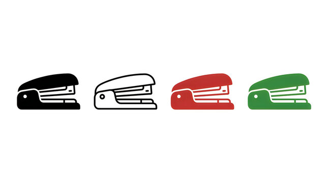 Four colorful stationery staplers in a row