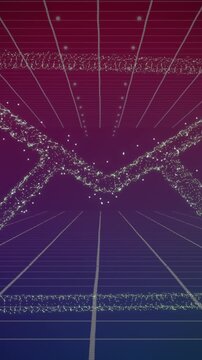 Animation of message icon over grid network against purple gradient background